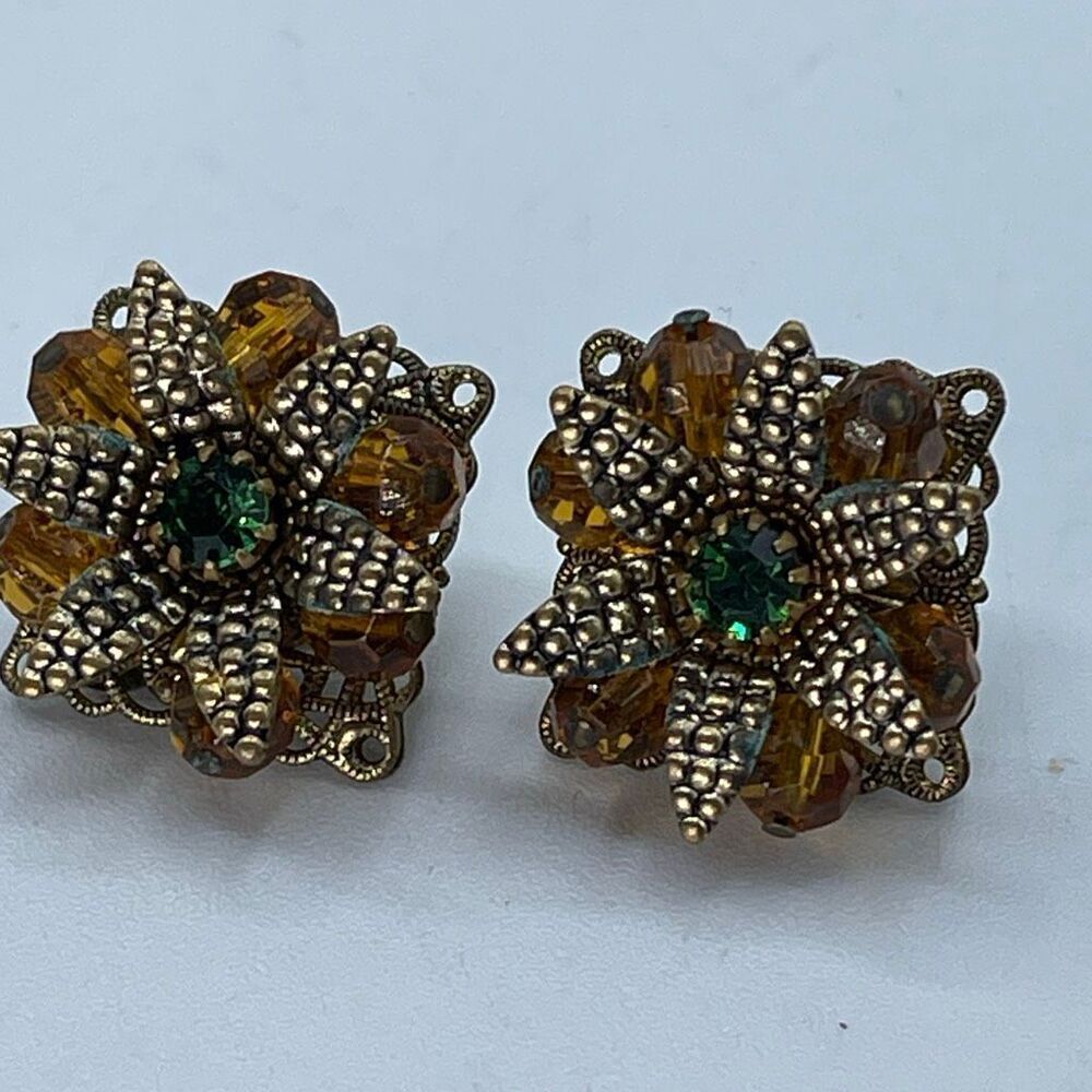 Vintage Germany layered floral clip earrings